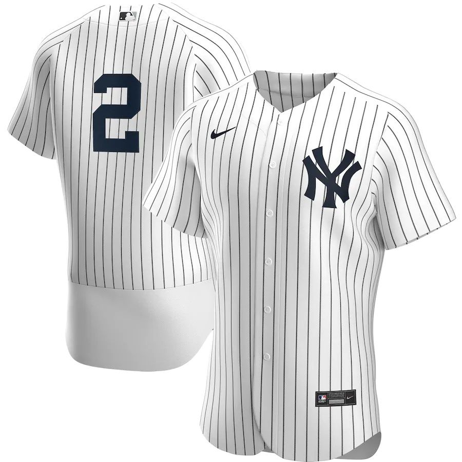 Mens New York Yankees #2 Derek Jeter Nike White Navy Home Authentic Player MLB Jerseys